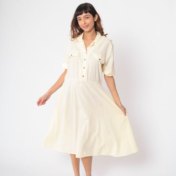 Pale Yellow Shirt Dress 80s 90s Military Inspired Shoulder Epaulette Button Up Dress Midi Shirtdress High Waist Vintage Short Sleeve Large