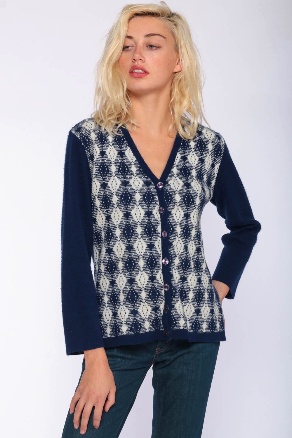 blue checkered cardigan