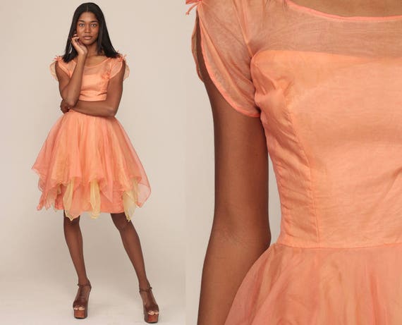 1950s Party Dress Gown Prom Dress 50s Formal Cocktail PEACH CHIFFON Mini Illusion Neckline 1960s Mad Men Vintage Princess Extra Small xs