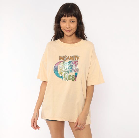 90s Glitter Graphic Tee "Insanity Is Hereditary, You Get It From Your Kids!" Funny Quote Peach Shirt Humor Tan Beige Vintage Extra Large XL