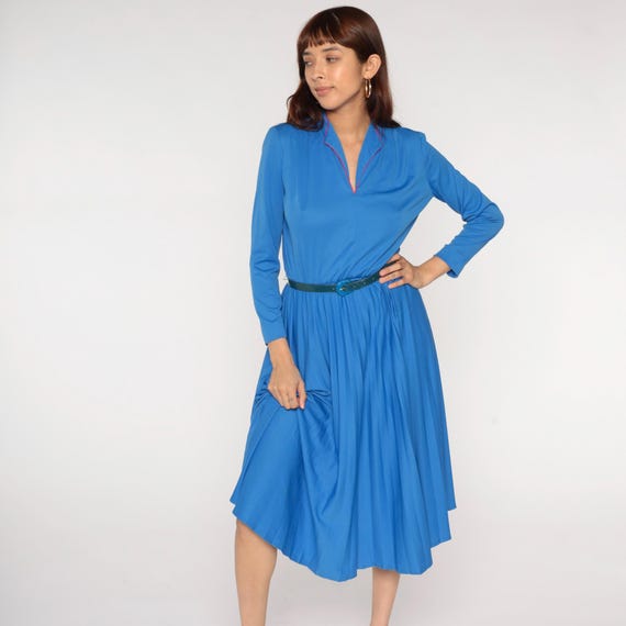 70s Blue Dress Royal Blue Red Piping Trim Notch Collar Pleated Skirt Belted Waist 1970s Secretary Office Dress Medium Large M L 10 12