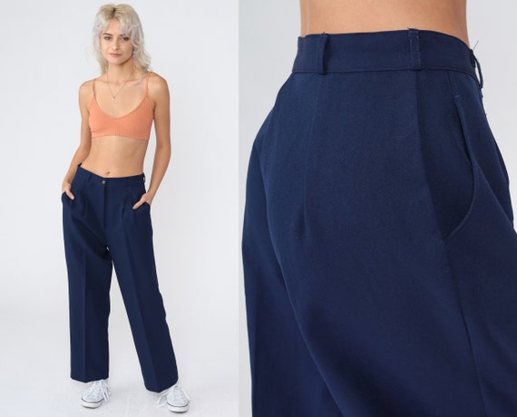 Navy Blue Trousers 70s Pleated Pants High Waisted Rise Straight Tapered Leg Creased Slacks Basic Simple Plain Preppy Vintage 1970s Small 28