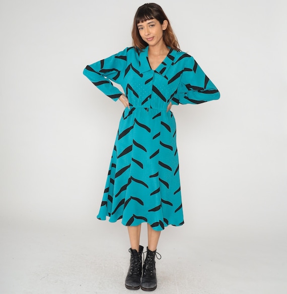 80s Teal Geometric Dress Button Front Long Sleeve Abstract Pattern Turquoise Blue Black New Wave Secretary Vintage Collar Nerdcore Medium M
