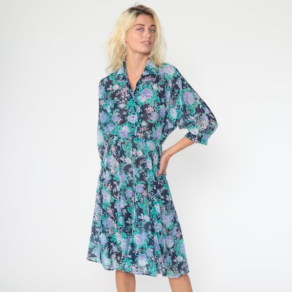 Blue Floral Dress Midi Bohemian Dress Button Up 70s Vintage Semi-Sheer Boho Dress High Waisted Dolman Sleeve Romantic Extra Small xs