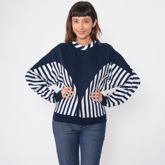 80s Striped Sweater Blue White Colorblock Knit Pu… - image 2
