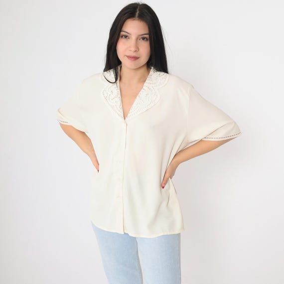 Vintage Embroidered Cutout Blouse 90s Off-White Button up Top Floral Cutwork Shirt Open Weave Cut Out Retro Boho Hippie 1990s 16 M xl
