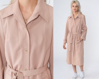 Blush Beige Trench Coat 70s Button up Full Length Jacket Retro Basic Belted Peacoat Long Mod Seventies Chic Tailored Vintage 1970s Small S