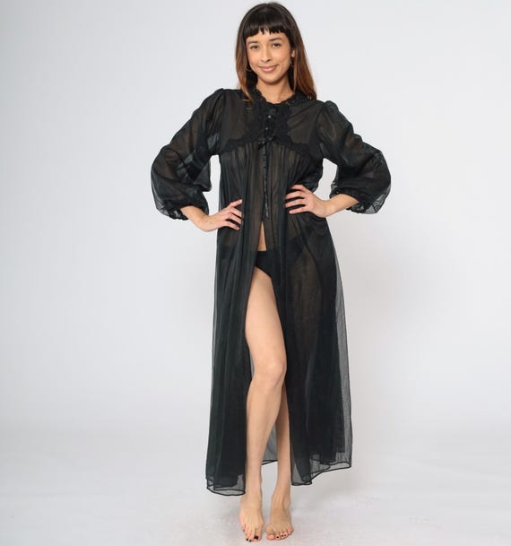 Vintage Long Black Robe 70s Sheer Lingerie Jacket Lace Robe Tent Front Slit Maxi Lingerie Peignoir Sleepwear Intimates 1970s Medium