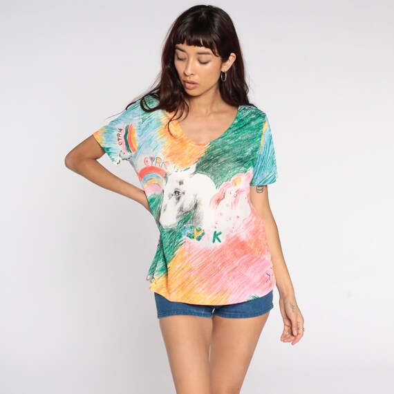 70s Rainbow Top Cyrk Art Shirt Mod PSYCHEDELIC Shirt Horse Shirt Hippie Blouse Boho Tunic Top Short Sleeve 1970s Vintage Bohemian Large L