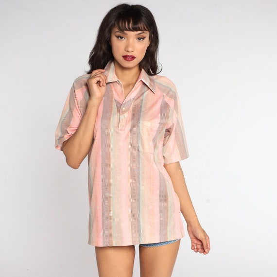 Striped Polo Shirt 70s Pink Half Button Up Shirt Dagger Collar Shirt 1970s Stripes Nerd Retro Vintage Large xl l
