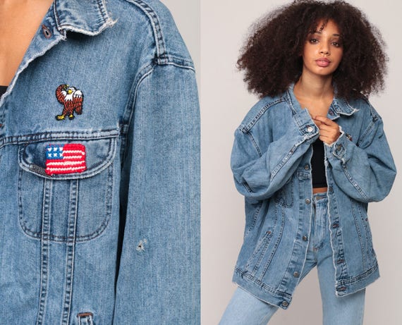 80s Denim Jacket AMERICAN FLAG PATCH Jean Jacket Vintage Usa Lee Jacket Lee Grunge Biker Button Up 1980s Hipster Trucker Extra Large xl 2xl
