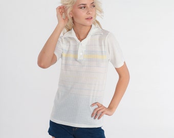 Striped Polo Shirt 70s White Baby Blue Striped Short Sleeve Shirt Pastel Yellow 1970s Top Button Up Collared Shirt Preppy Vintage Small xs s