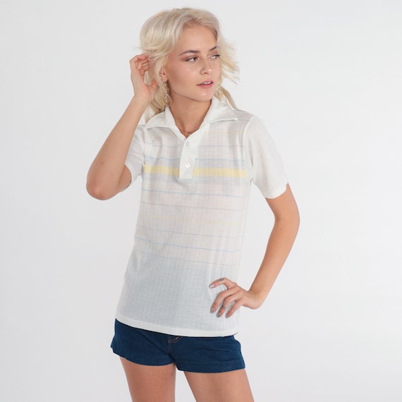 Striped Polo Shirt 70s White Baby Blue Striped Short Sleeve Shirt Pastel Yellow 1970s Top Button Up Collared Shirt Preppy Vintage Small xs s