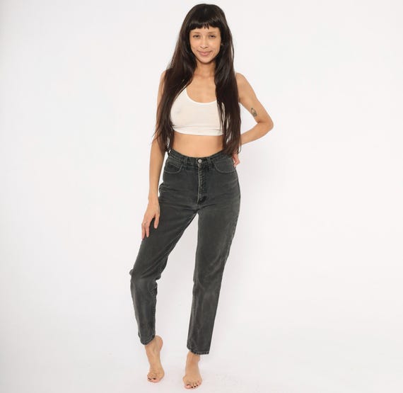 Guess High Waisted Jeans 90s Faded Black Denim Tapered Leg Mom Jean Charcoal Cotton Straight Fit Vintage Pants Dark Wash Trousers Small S