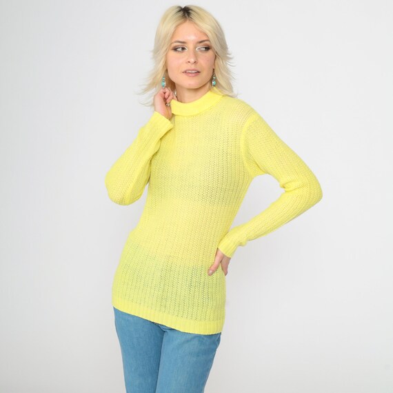 Sheer Yellow Turtleneck Sweater 70s Bright Pullover Sweater Retro Loose Knit Basic Plain Minimalist Knitwear Vintage 1970s Cotton Small