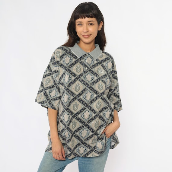 90s Diamond Polo Shirt Geometric Pattern Nicklaus Cotton Collared Short Sleeve Beige Tan Gray Golf Preppy Plus Size Extra Extra Large XXL