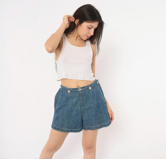 Y2K Ralph Lauren Denim Shorts Blue Cotton High Waist Button Front Wide Leg Light Wash Jean Summer Beach Preppy Nautical Vintage Medium M