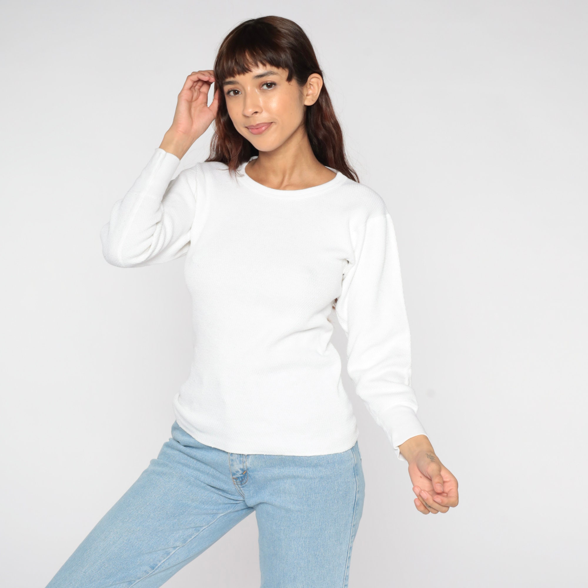 White Thermal Shirt 90s Long Sleeve Undershirt Waffle Knit Shirt Under ...