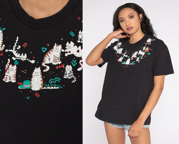 90s Cat T Shirt Tails of the West Kitten Shirt 80s Animal Tshirt Cowboy Kitty Western Short Sleeve Vintage Kawaii Grandma Black Large L