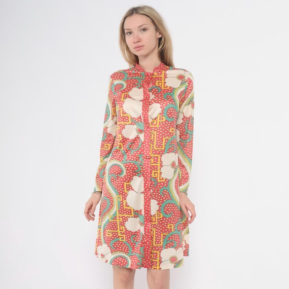 70s Psychedelic Tunic Floral Dress Pink Cream Mint Green Yellow Knee Length Vintage Geometric Dot Print Collar Mod Lounge Wear Medium M