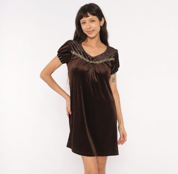 Y2K Velvet Mini Dress Chocolate Brown Puff Sleeve Beaded Shift Mocha Party Going Out Cocktail Evening Holiday Babydoll Coffee Short Small S