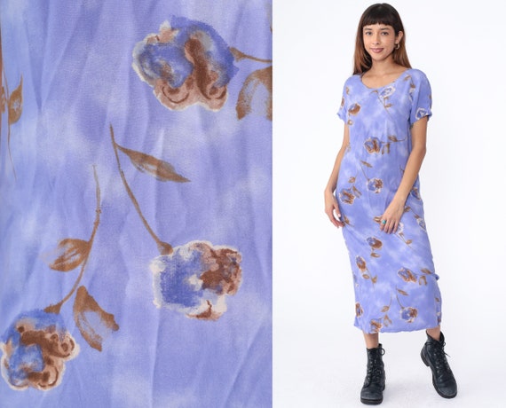 90s Floral Dress Purple Grunge Print Midi Shift Dress Summer Hippie Boho Scoop  Neck 1990s Bohemian Vintage Retro Short Sleeve Rayon Small