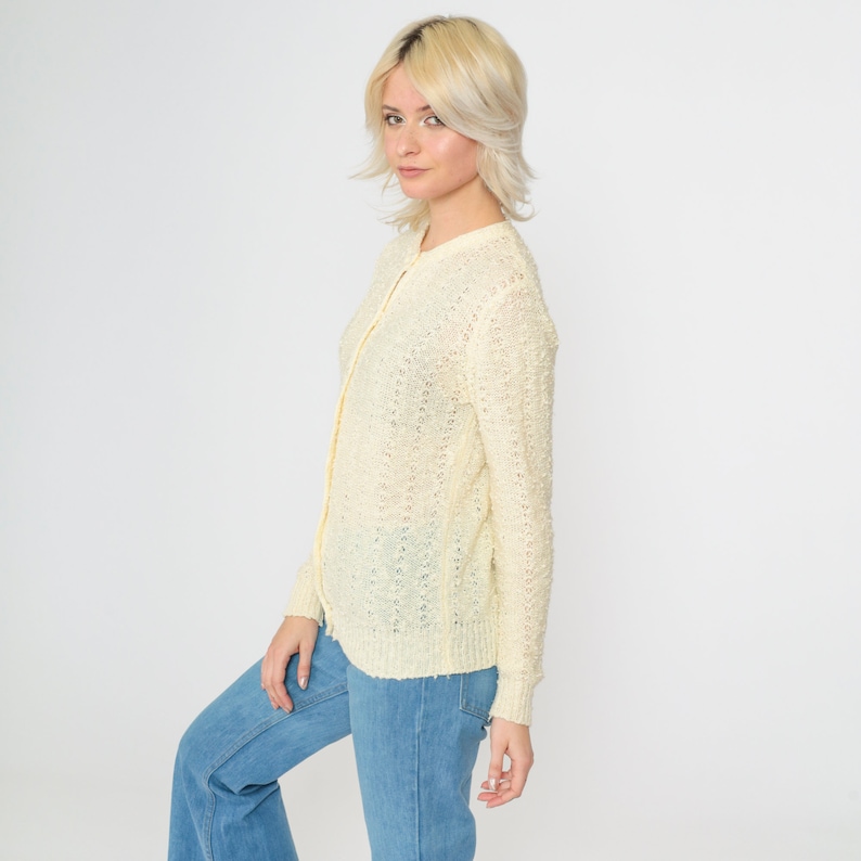 Pale Yellow Cardigan 80s Pointelle Knit Pearl Button up Sweater Open Weave Sheer Sweater Retro Grandma Openwork Vintage 1980s Small S image 4