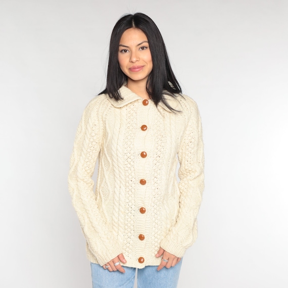 Cream Cardigan 90s Cable Knit Button up Sweater Retro Slouchy Grandpa Collared Cableknit Winter Knitwear Acrylic Vintage 1990s Small S