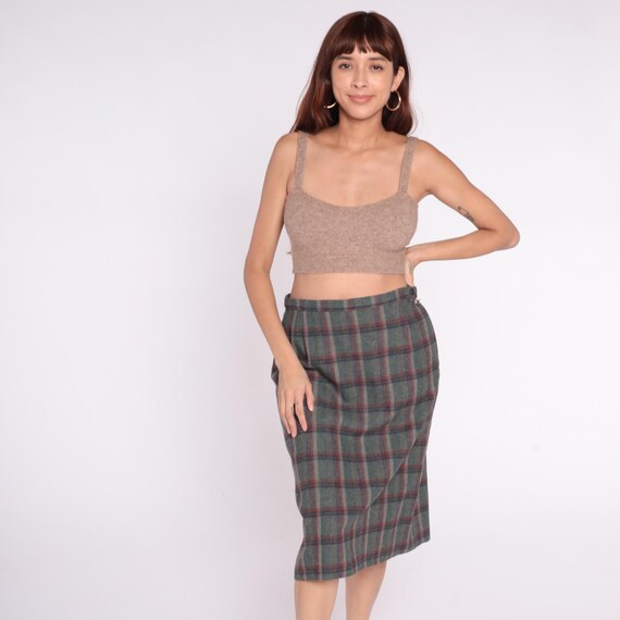 80s Plaid Pendleton Wool Skirt Tartan Green Grey Red Navy Herringbone Weave High Waist Dark Academia Preppy Grunge Alt Vintage Medium M
