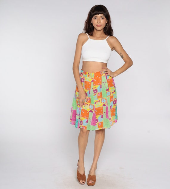 Chiffon Floral Skirt 80s Patchwork Mini Skirt High Waisted Boho Hippie Festival Bohemian 1980s Vintage Geometric Bright Orange Green Medium