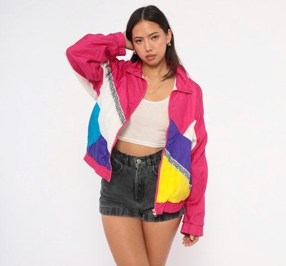 90s Colorblock Windbreaker Hot Pink Purple Yellow Teal White Geometric Trim Jacket Longstreet Color Block Vintage Magenta Coat Small S