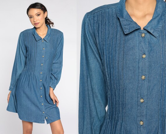 90s Denim Dress Mini Jean Chambray Dress Grunge Vintage 1990s Button Up High Waisted Long Sleeve Blue Dress Extra Large xl