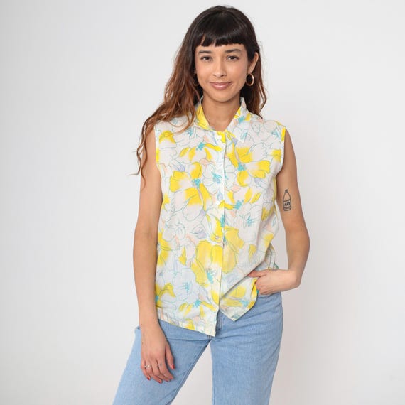 80s Floral Blouse White 70s Top Button Up Shirt Collared Bohemian Shirt Yellow Blue Boho Blouse 1980s Top Sleeveless Medium M