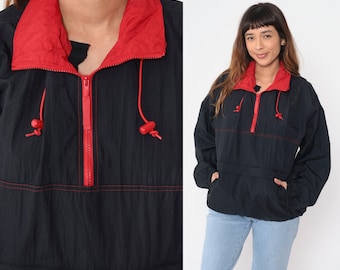 Black Windbreaker Jacket 90s Red Trim Jacket Pullover Jacket Quarter Zip Up Jacket 1990s Vintage Shell Jacket Kangaroo Pocket Large L