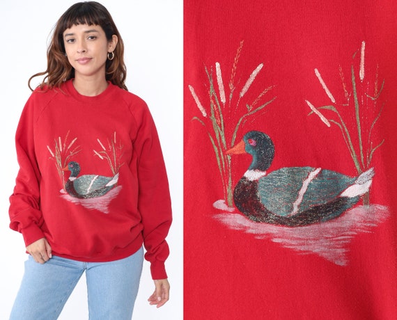 Painted Duck Sweatshirt Metallic Jerzees Sweatshirt 90s Animal Sweatshirt 1990s Vintage Red Slouchy Graphic Raglan Sleeve Sparkly Large