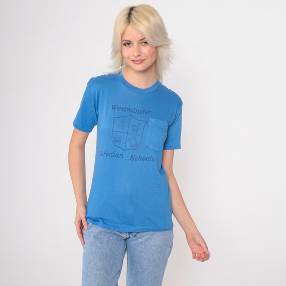 Vintage 80s Westminster Christian Schools T-Shirt 70s Blue Graphic Tee 1980s Miami Florida Chest Pocket Tshirt Single Stitch Extra Small xs