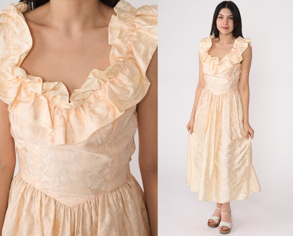 80s Prom Dress Peach Party Dress Ruffle Floral Embossed Basque Waist Fit Flare Full Skirt Midi Retro Eighties Vintage 1980s Formal Small