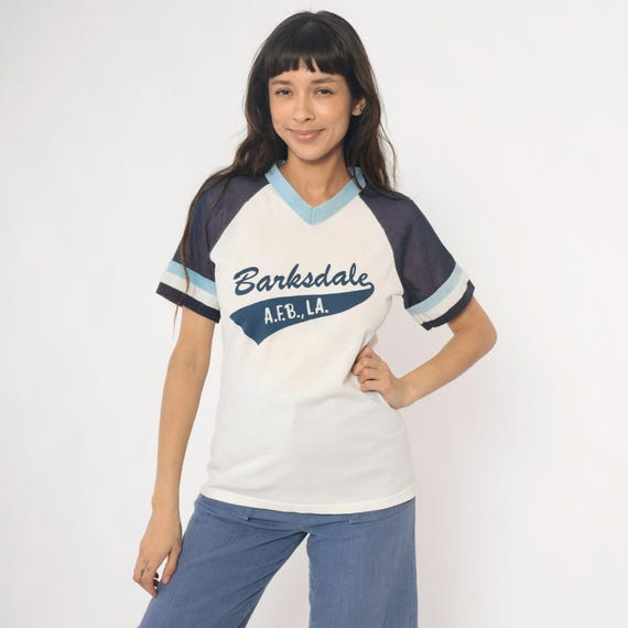 80s Varsity Jersey Raglan Sleeve Tee Striped Baseball T-Shirt Number 24 White Navy Blue V-Neck Athletic Sporty Collegiate Vintage Small S