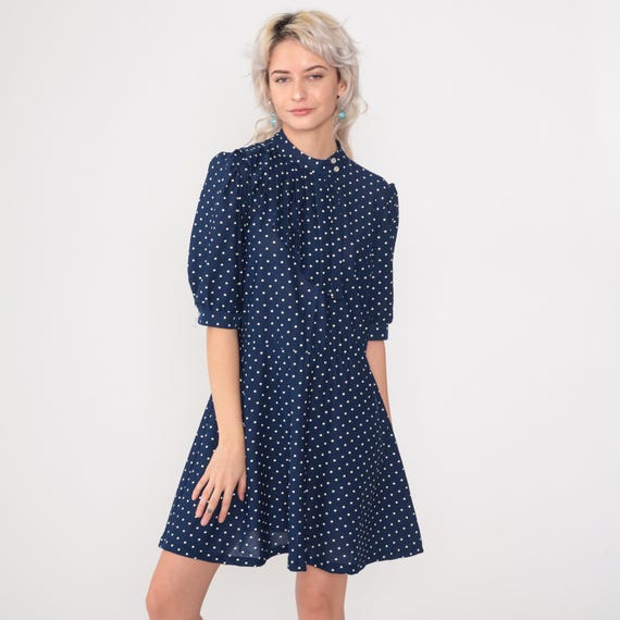 Vintage Navy Polka Dot Dress 80s Mini Puff Sleeve Dress Pleated Collar 1980s Blue High Waisted A-Line 1980s Secretary Minidress Medium M
