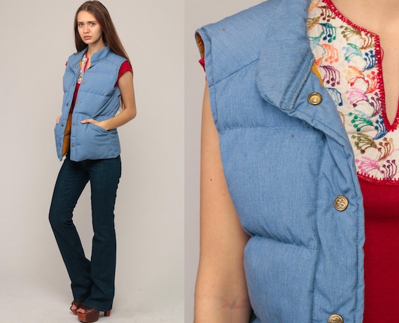 Ski Vest Winter Vest Puffer Vest Retro 70s Goose DOWN Feather Puffy Sleeveless Jacket Blue Hipster Vintage 1970s Extra Small xs