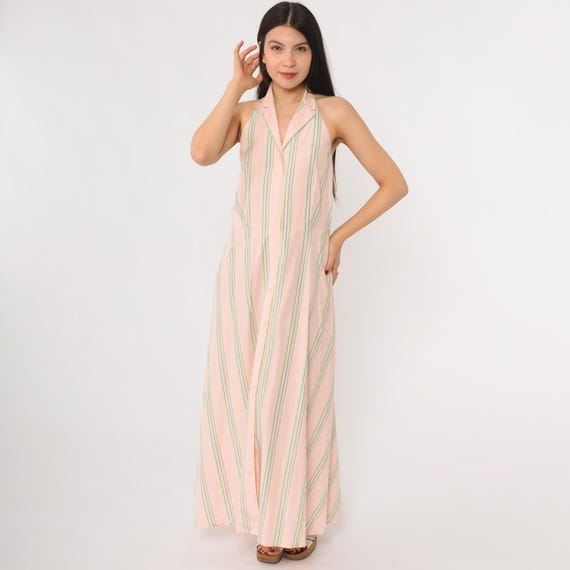 Y2K Striped Halter Maxi Dress Pink Pastel Cotton Backless Summer 2000s Ralph Lauren Resort Wear Collared Button Down Long Dress Size Medium