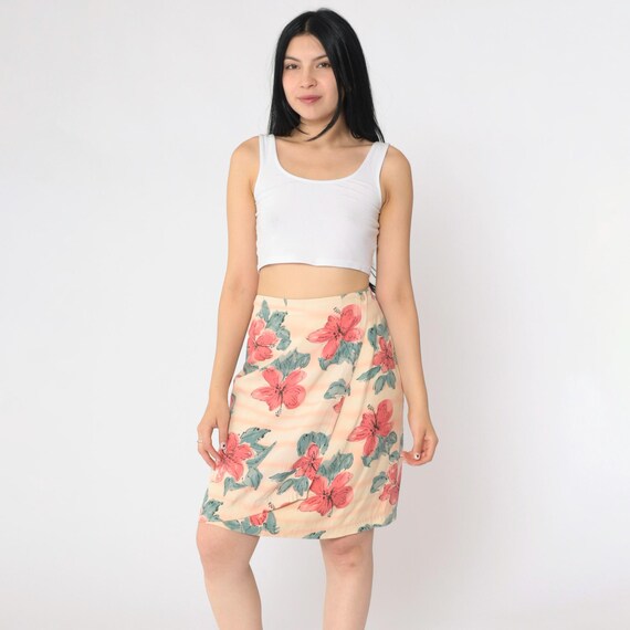 Silk Floral Skirt Y2K Cream Tropical Pencil Skirt Coral Flower Print Mini Length Faux Wrap Hippie Boho High Waisted Vintage 00s Medium M