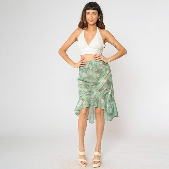 Vintage 70s Green Floral High Low Skirt Ruffled Hem Midi Boho Cottagecore Elastic Waist 1970s Romantic Feminine Small xs