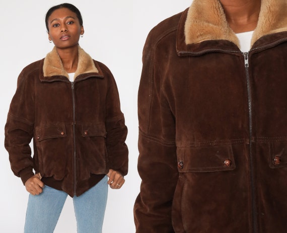 Brown Suede Jacket 70s Leather Flight BOMBER Boho Faux Fur Lining