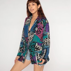 Blazer con estampado abstracto de los años 90, diseño geométrico, escote en V profundo, manga larga, vintage, gran tamaño, estampado artístico, colorido, vanguardista, mediano, M