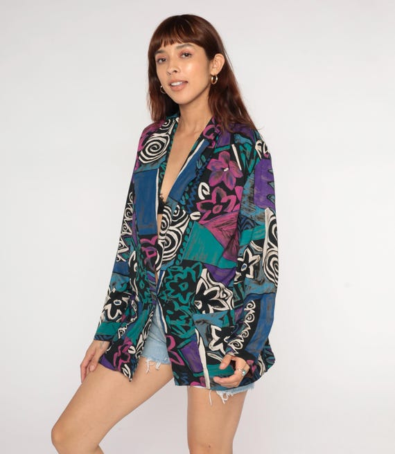 Abstract Print Blazer 90s Geometric Pattern Deep V Neck Long Sleeve Vintage Oversized Art Print Colorful  Avant Garde Artistic Medium M