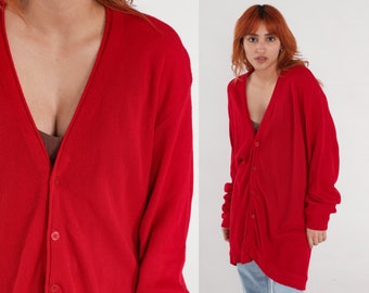 Red Cardigan 80s Button up Sweater Plain Solid Simple Knit Grandpa Sweater V Neck Longline Vintage 1980s Acrylic Extra Large xl Long Tall