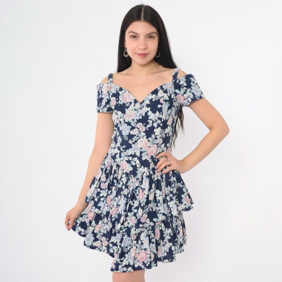 Vintage Off Shoulder Floral Dress 80s Mini Dress Dark Blue Basque Waist Sweetheart Neckline Tiered Fit and Flare 1980s Small