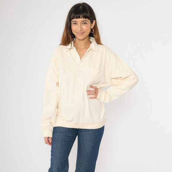 Velour Polo Sweatshirt 80s Cream Collared Pullover Long Sleeve Shirt Retro Button Up Top Stranger Things Sweater 1980s Extra Large xl