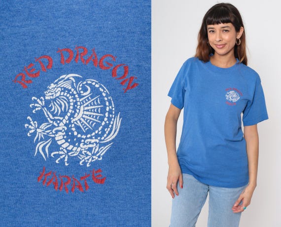 Martial Arts Tee 90s Red Dragon Karate Monrovia Blue Graphic Tee Dojo Shirt Made in USA Oversized Soft Classic Medium M